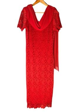 Helen Blake red lace midi dress with draped cowl neck Women’s size 12 | pp